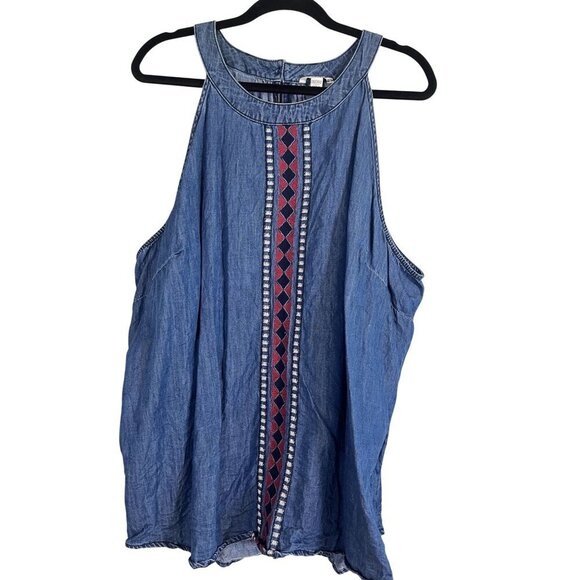 Cato Top Women 26 Blue Chambray Halter Embroidery Boho Western 80s Retro Artsy - Picture 1 of 13